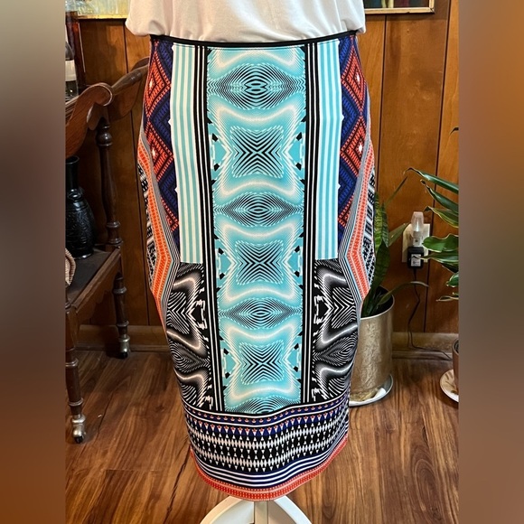 🛍️BISOU BISOU Black, teal multi graphic stretchy pencil skirt size M. - Picture 2 of 9